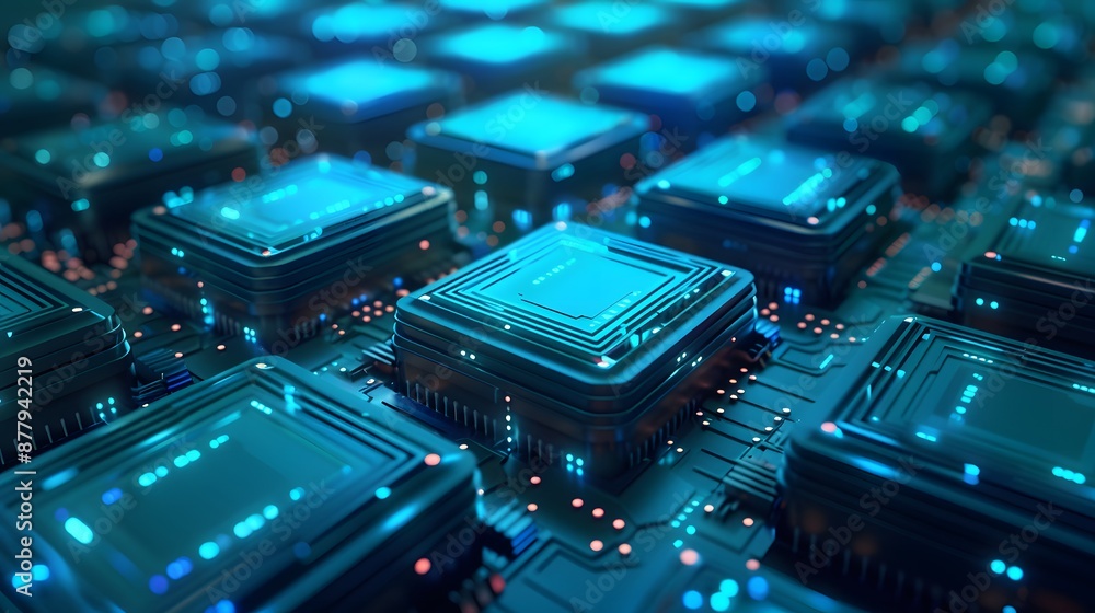Poster a close-up view of numerous computer microchips on a circuit board, illuminated with blue light, dem