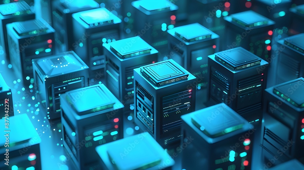 Poster a futuristic data center with glowing servers, representing advanced technology and efficient data m