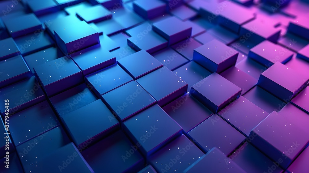 Poster abstract 3d background with floating cubes in blue and purple neon light. geometric pattern with fut