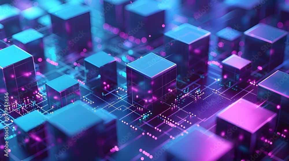 Poster abstract 3d render depicting futuristic technology with glowing blocks in a digital grid, highlighti