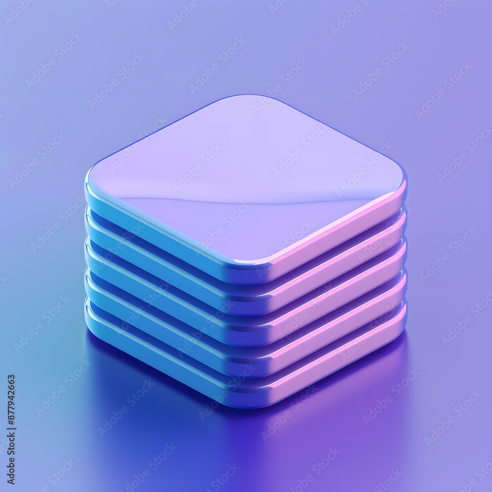 Poster abstract 3d rendered image of a luminous hexagonal stack against a gradient purple background, repre