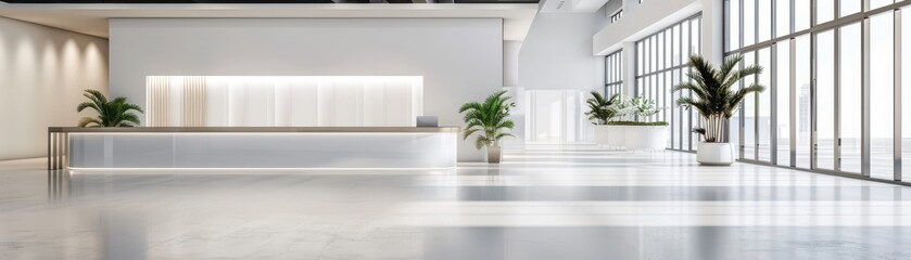 Modern, spacious office lobby interior with large windows, minimalist design, and natural lighting. Featuring seating area and reception desk.