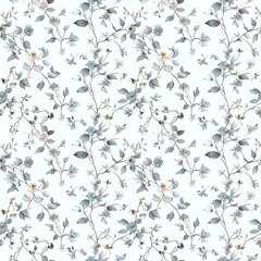 Obraz premium Patterned wallpaper with blue and purple flowers and green leaves