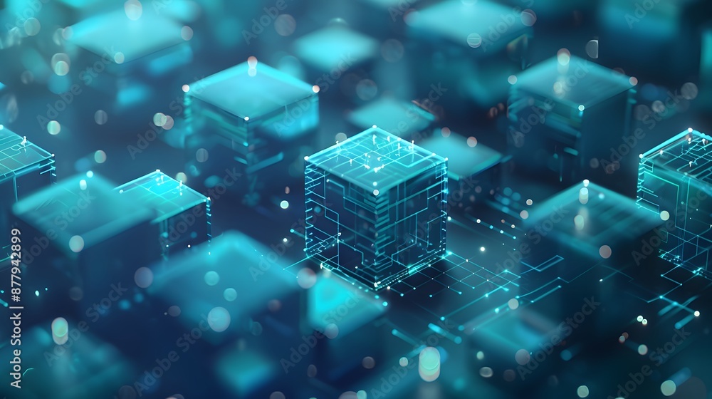 Poster abstract digital blocks and network concept. blue glowing cubes representing data, technology, and c
