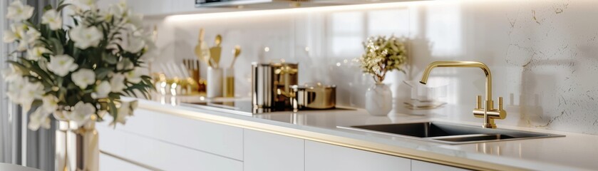 Modern luxury kitchen with elegant white cabinets, marble backsplash, and gold fixtures, styled with fresh flowers for a sophisticated look.