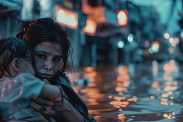 Obraz premium A mother holds her child tight in the midst of a flood, seeking safety and shelter
