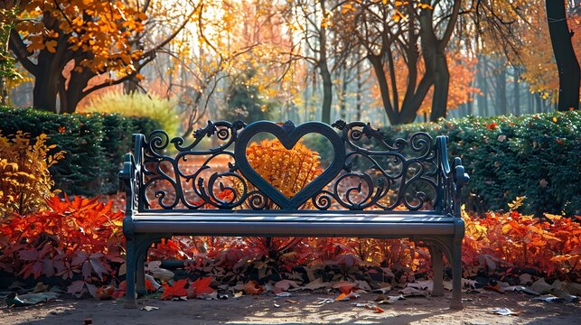 autumn in the park beautiful bench in the form of a heart on the background of a large