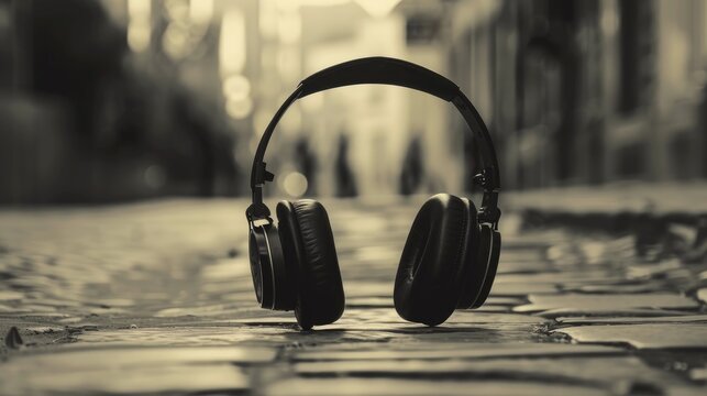 Modern audio technology showcasing noise reduction in black and white TWS headphones Sepia post punk photo with space for text