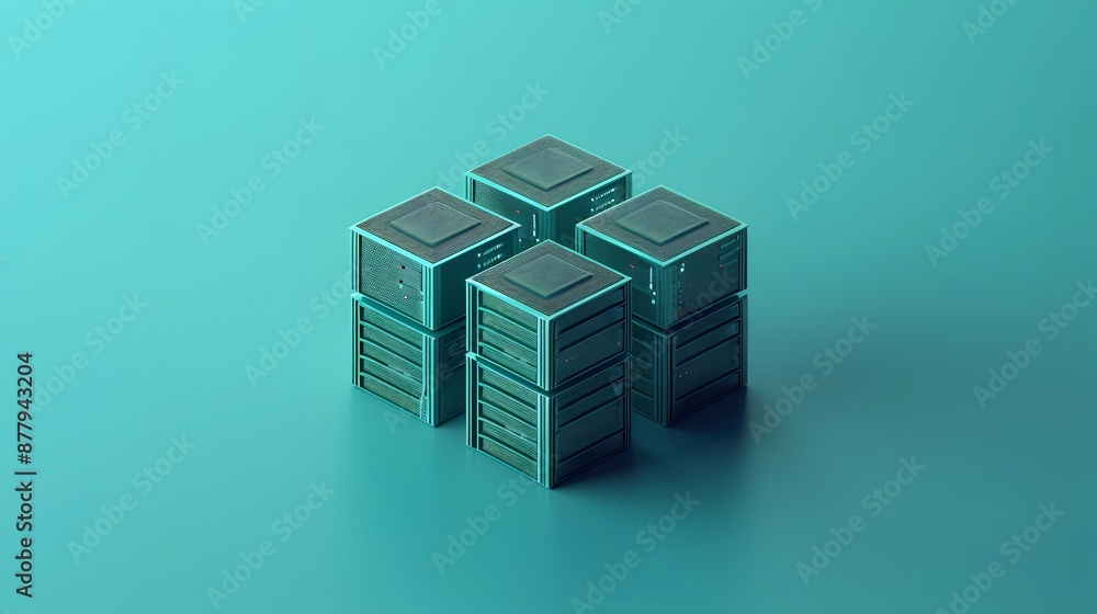 Poster abstract image of modern server stacks in blue with a futuristic design, symbolizing technology and 