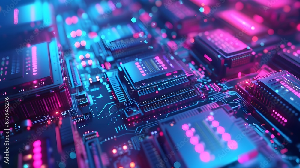 Poster close-up of a computer motherboard with neon lights, showcasing advanced microprocessor technology a