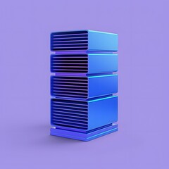 Blue abstract server rack on a purple background. Futuristic technology and data storage concept in a minimalistic design.
