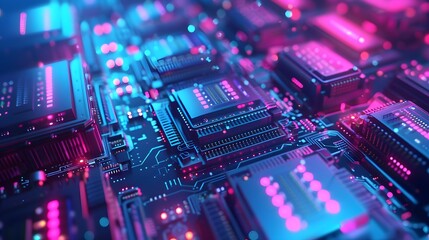 Close-up of a computer motherboard with neon lights, showcasing advanced microprocessor technology and futuristic circuitry.