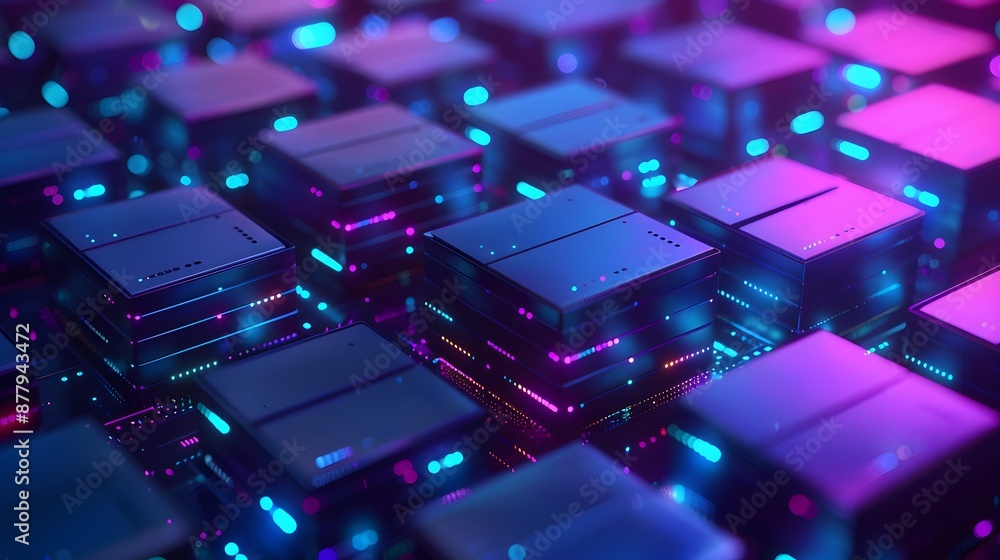 Poster close-up of glowing digital blocks in a futuristic cyber network, showcasing modern technology and a
