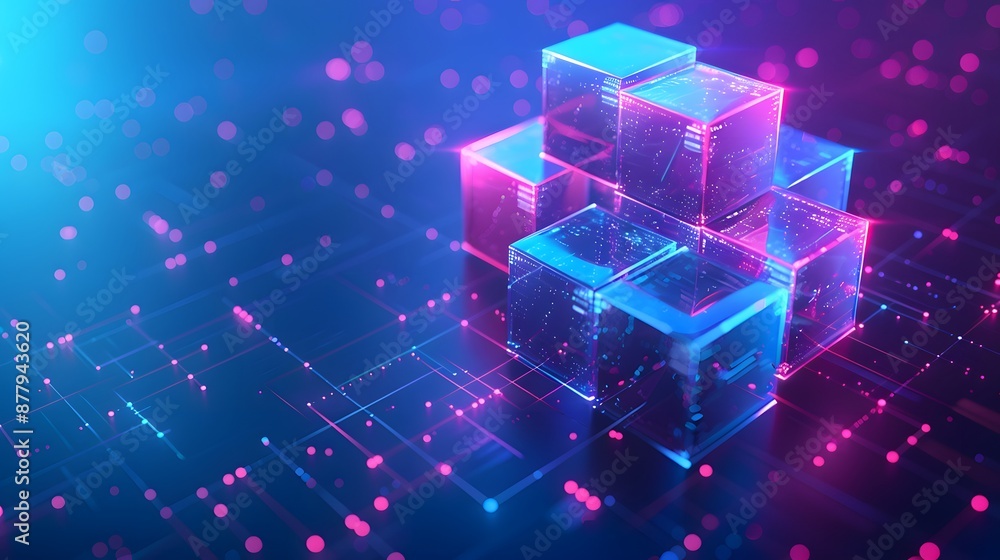 Poster digital abstract 3d rendering of futuristic cubes with glowing neon lights in a matrix grid. high-te