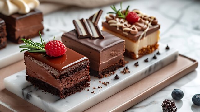 Beautiful chocolate cakes on marble plate