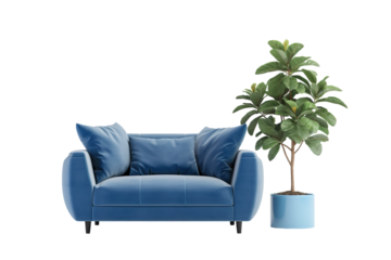 A Plush Blue Sofa Awaits Relaxation Beside A Vibrant Green Plant on a White or Clear Surface PNG Transparent Background