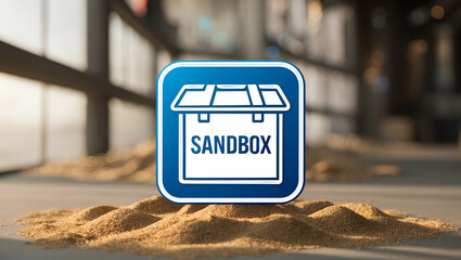 Modern 3D Flat Sandbox Icon with Text and Graphics Space on Blue Background   Ideal for Project Timelines and Sandbox Plans