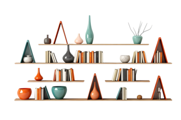 Modern Bookshelf Design With Vibrant Accessories and Colorful Accents on a White or Clear Surface PNG Transparent Background