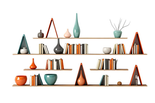 Modern Bookshelf Design With Vibrant Accessories and Colorful Accents on a White or Clear Surface PNG Transparent Background
