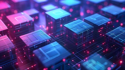 Futuristic blocks of digital data visualization with neon pink and blue lights, representing blockchain technology and data networks.
