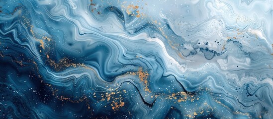 Naklejka premium Stunning abstract blue and gold marble texture with fluid art design, featuring swirling patterns and metallic accents.