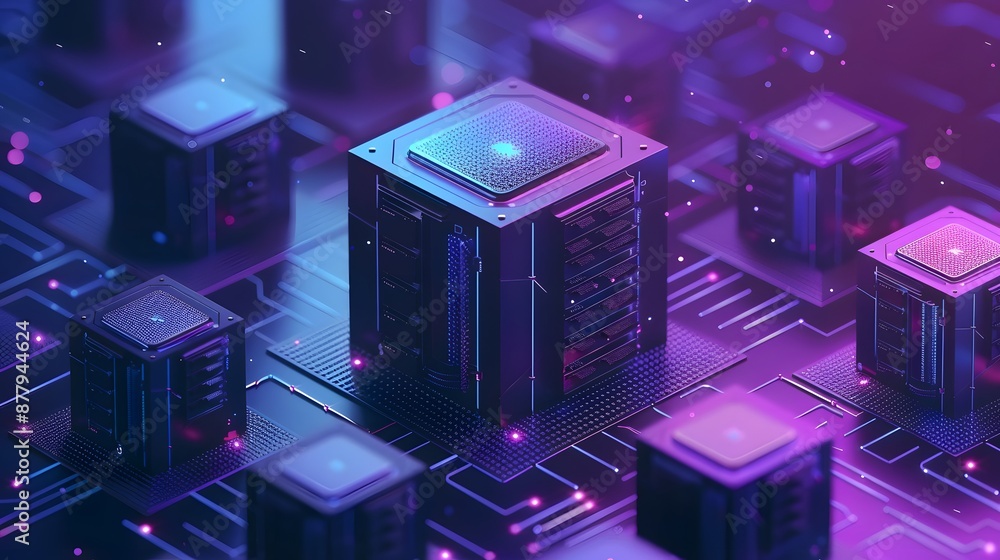 Poster futuristic data center server room with glowing lights, showcasing advanced technology and network i