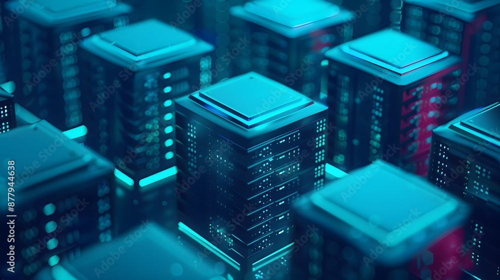 Poster futuristic data center with advanced servers, glowing neon lights, and technology infrastructure for
