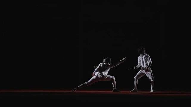 Fencers On Fencing Track, Epic Slow Motion Shot, Full-Length, Sportive Match Or Workout