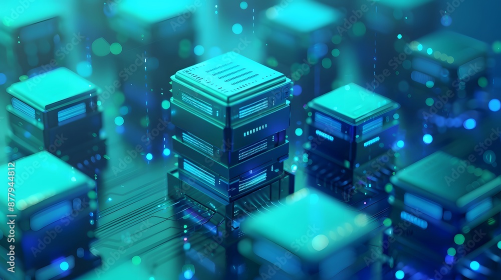 Poster futuristic data center with glowing servers, representing advanced technology, digital storage, and 