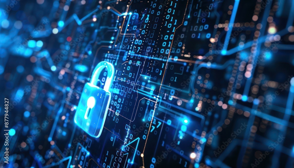 Poster cybersecurity network with advanced digital encryption and real-time threat detection, representing 