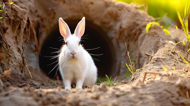 Beautiful white bunny rabbit sitting in front of burrow in ground