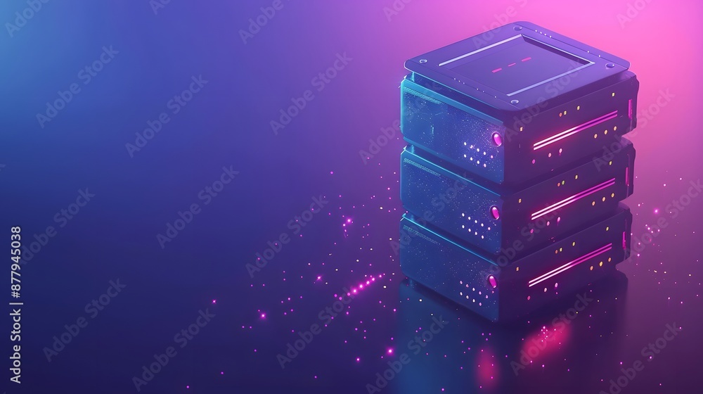 Poster futuristic data storage server rack with colorful lights, representing modern technology and digital