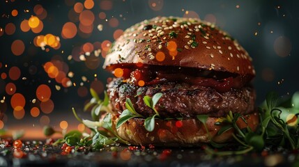 Close-up of a delicious gourmet burger with fresh greens and sesame seed bun, set against a backdrop of bokeh lights.