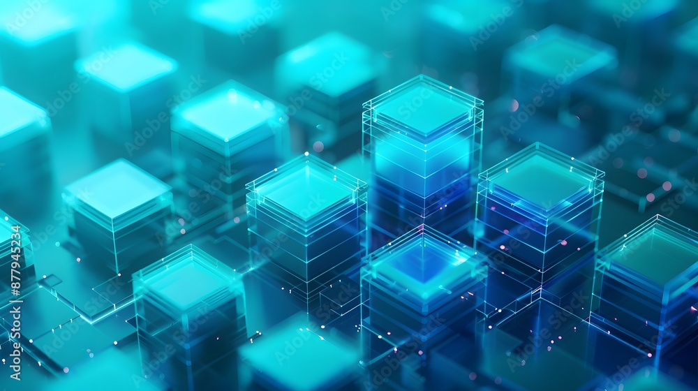 Poster futuristic digital blocks representing data storage and blockchain technology in a glowing, high-tec