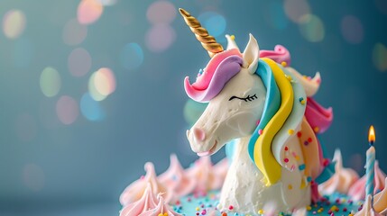 birthyday cake in the form of a multi colour unicorn on top