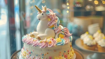 birthyday cake in the form of a multi colour unicorn on top