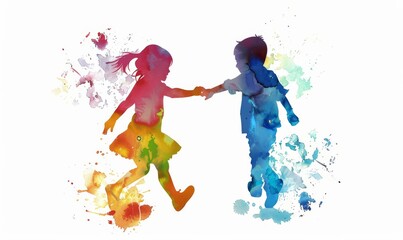 Little kids playing and dancing, cute cartoon watercolor illustration