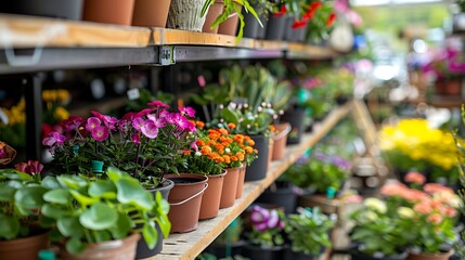 Obraz premium Blooming flowers in pots and on shelves in the garden center