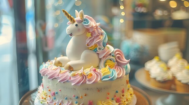 birthyday cake in the form of a multi colour unicorn on top