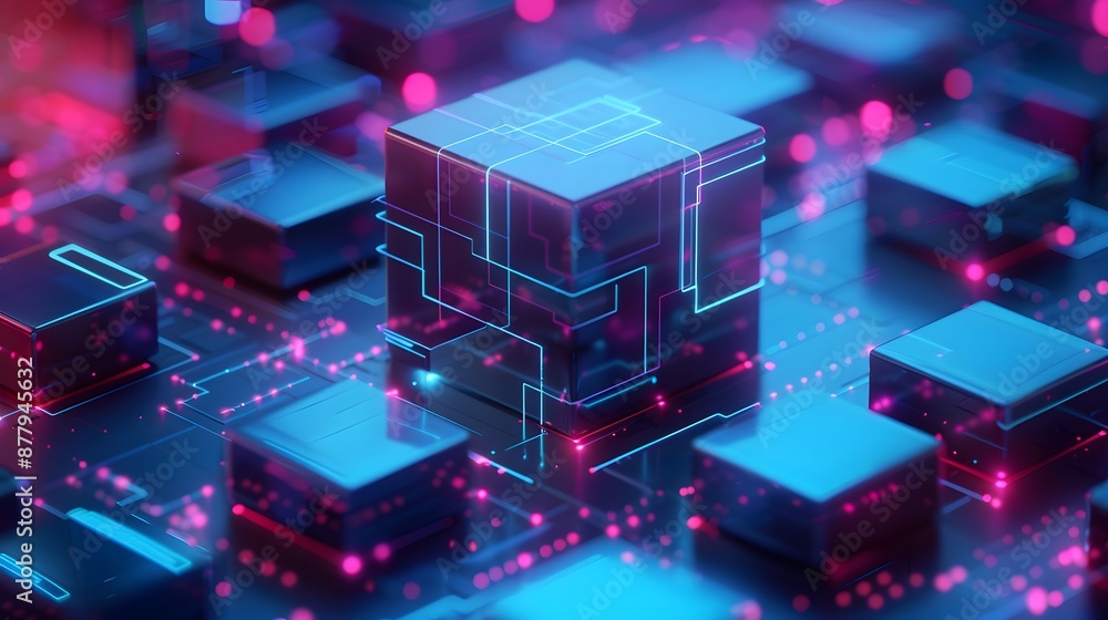 Poster futuristic digital cubes with glowing lines on a data network background, symbolizing advanced techn