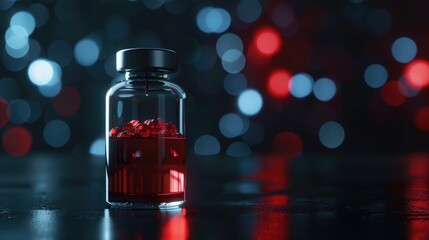 Vaccination concept with medical vial and red liquid on dark background