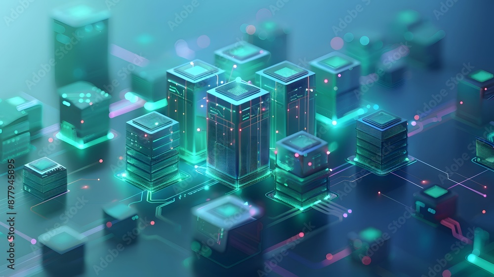 Poster futuristic digital network with glowing data servers, representing data management and technology in