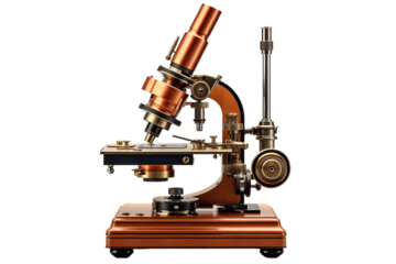 A Gilded Glimpse Into the Microscopic World: An Antique Microscope, Ready for Discovery on a White or Clear Surface PNG Transparent Background