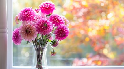 Bright pink dahlias in tall glass vase by window © Bonnie