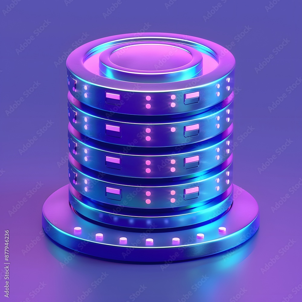 Poster futuristic glowing data server in vibrant neon colors, symbolizing advanced data storage and digital