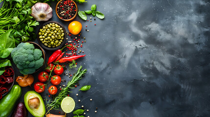 Top view on fresh vegetables like avocado, pepper, tomato, cucumbers and others with space for text