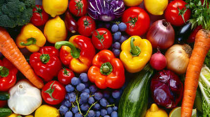 Top view on fresh vegetables like garlic, pepper, eggplant, tomato, cucumbers and other