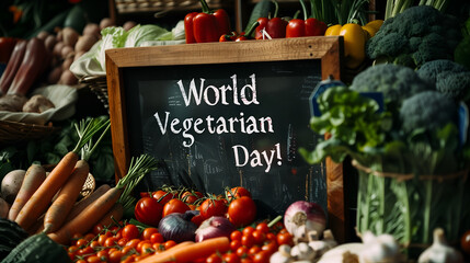 Black chalkboard with text "World Vegetarian Day" and fresh vegetables