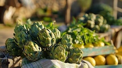 Bunch of fresh raw artichokes heads from artichoke plantation new harvest in argolida greece ready to cook with fresh lemon - Powered by Adobe