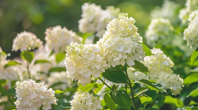 Bush of blossoming cultivar hydrangea paniculata limelight beautiful branches with white flowers in summer garden